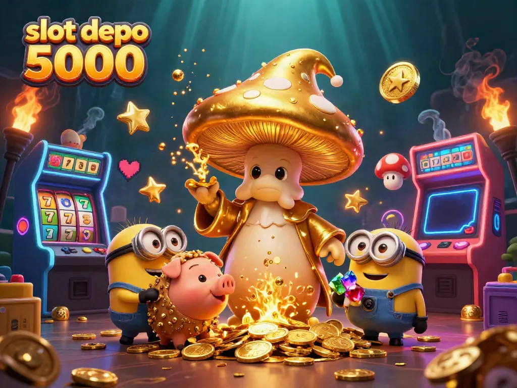 Experience the excitement of slot depo 5000 with a golden mushroom wizard and magical treasures in this vibrant illustration.