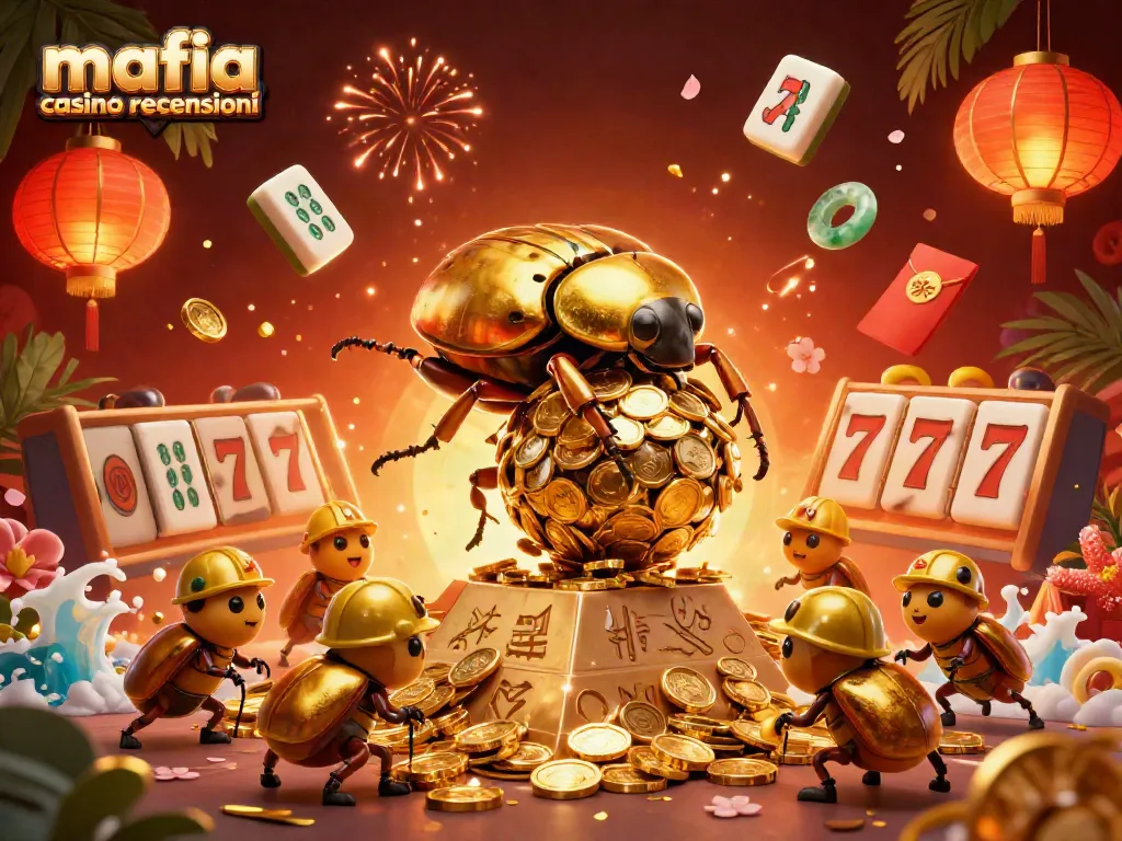 Mafia casino recensioni showcases a rich scene of 3D golden beetles amidst slot reels and casino symbols.