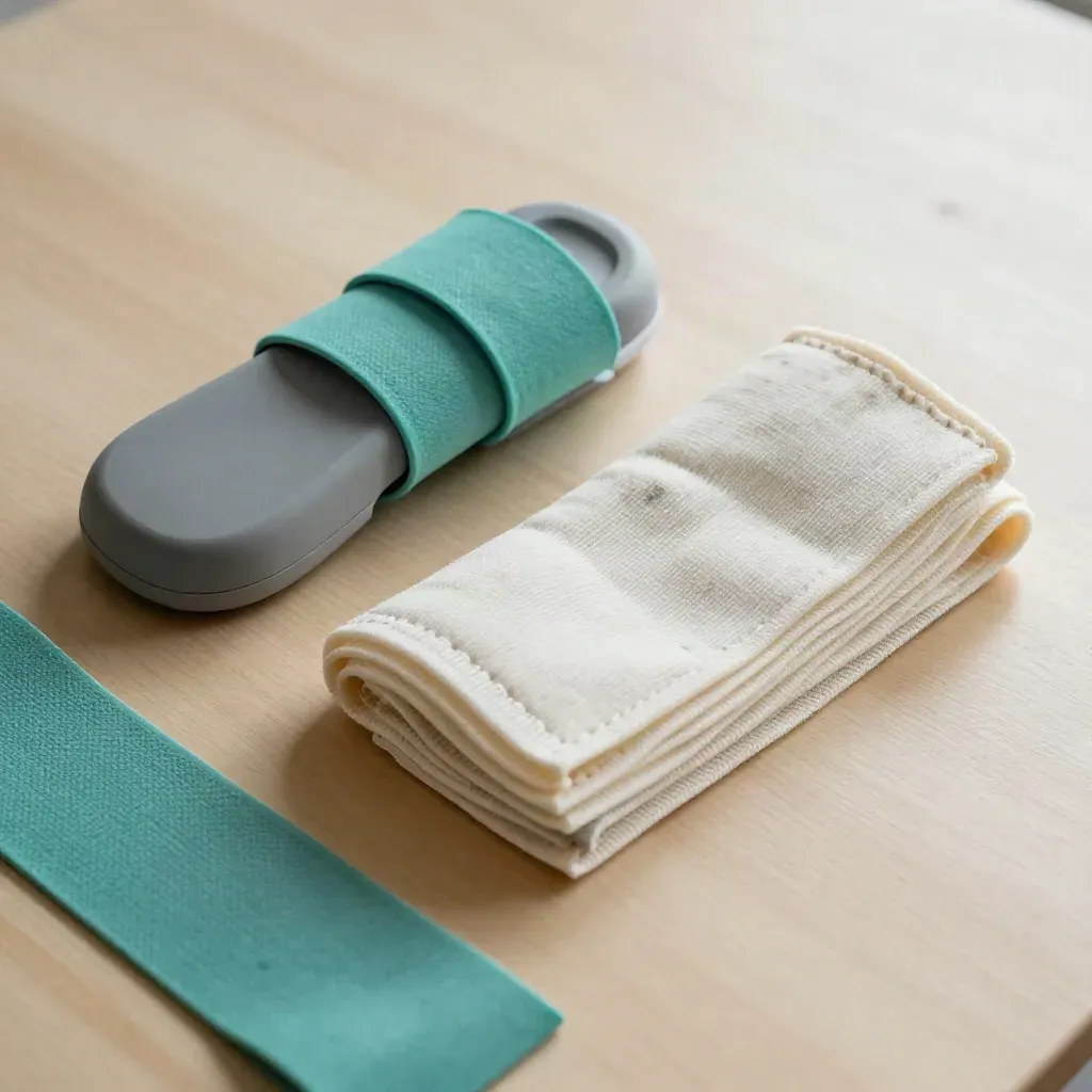 Kit di fisioterapia con sensore caviglia, banda elastica e bendaggio su legno chiaro.