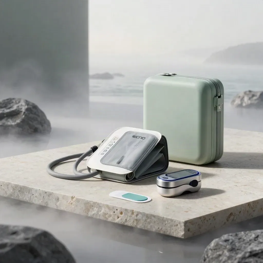 Kit per telemedicina su pietra chiara, cuffia pressione, pulsossimetro e patch wearable in luce drammatica.