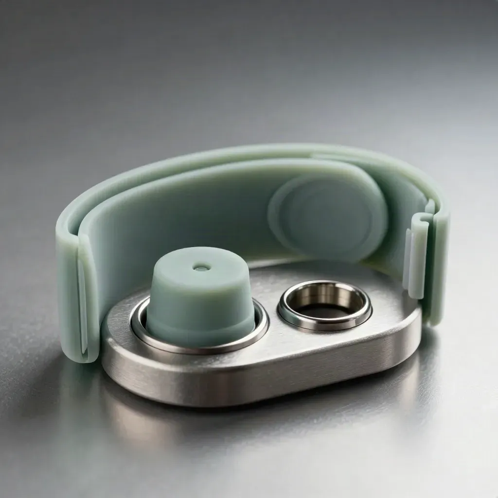Set di telemonitoraggio con fascia toracica, base di ricarica e sensore su metallo satinato.