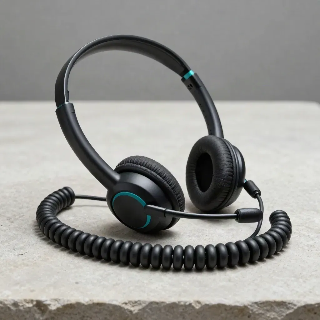 Headset per televisite con microfono clip, adattatore USB e cavo arrotolato su pietra scura