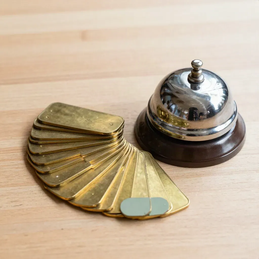 Gettoni in ottone e campanello su legno chiaro, ripresi dall’alto con luce drammatica.