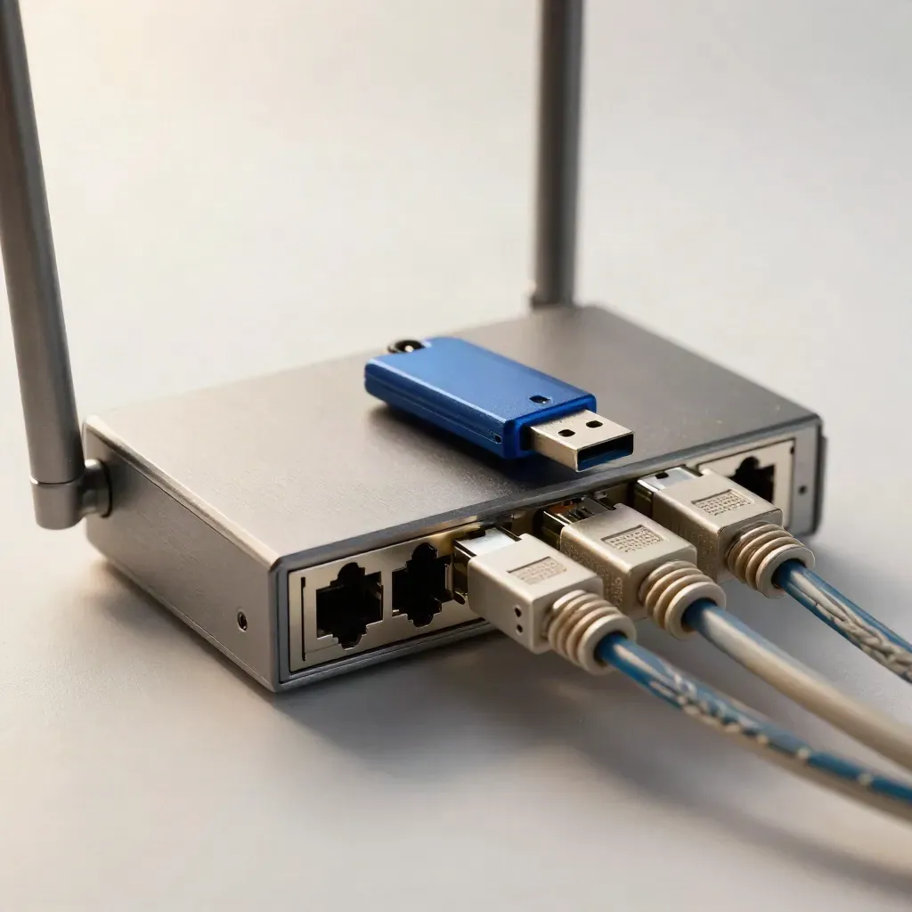 Router, switch e chiave USB collegati su metallo spazzolato, luce morbida.