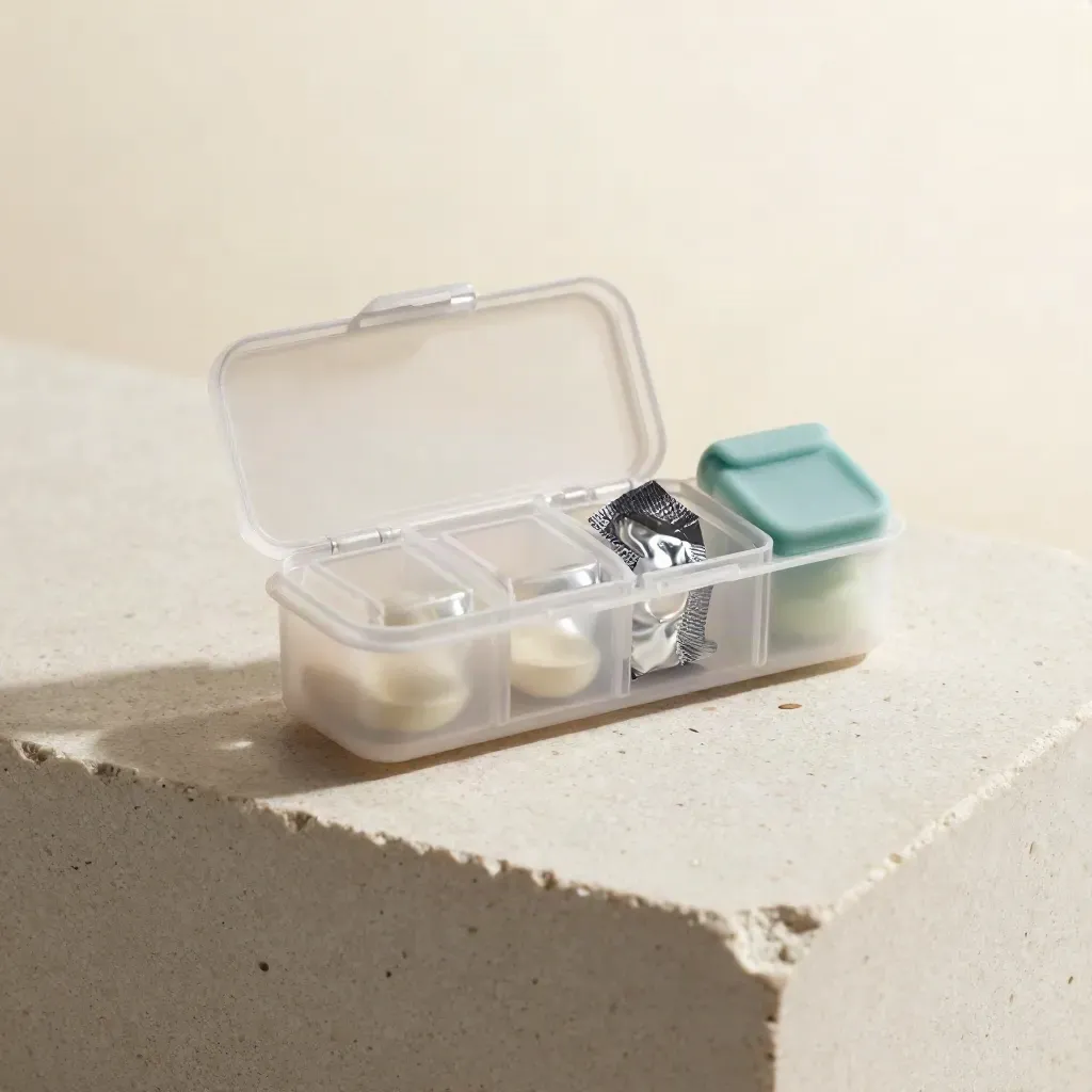 Organizer pillola settimanale con fascia in silicone e blister su pietra chiara.