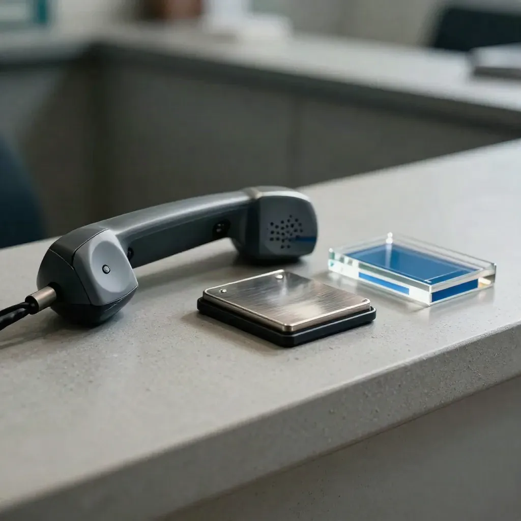 Telefono cordless, timbro metallico e vassoio token su banco clinico dietro vetro satinato