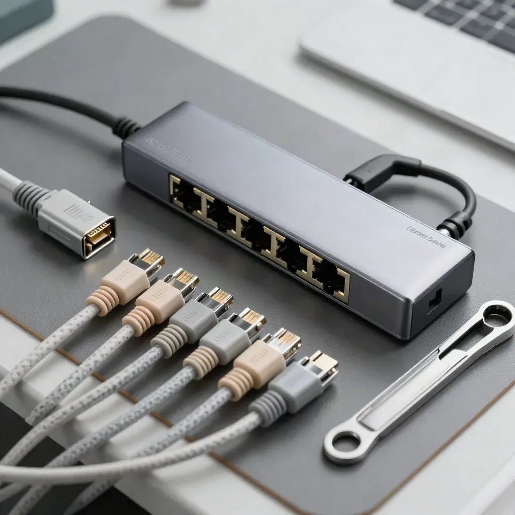 Cavi RJ45, hub USB-C, estrattore SIM e switch di rete su grafite, visti dall'alto.