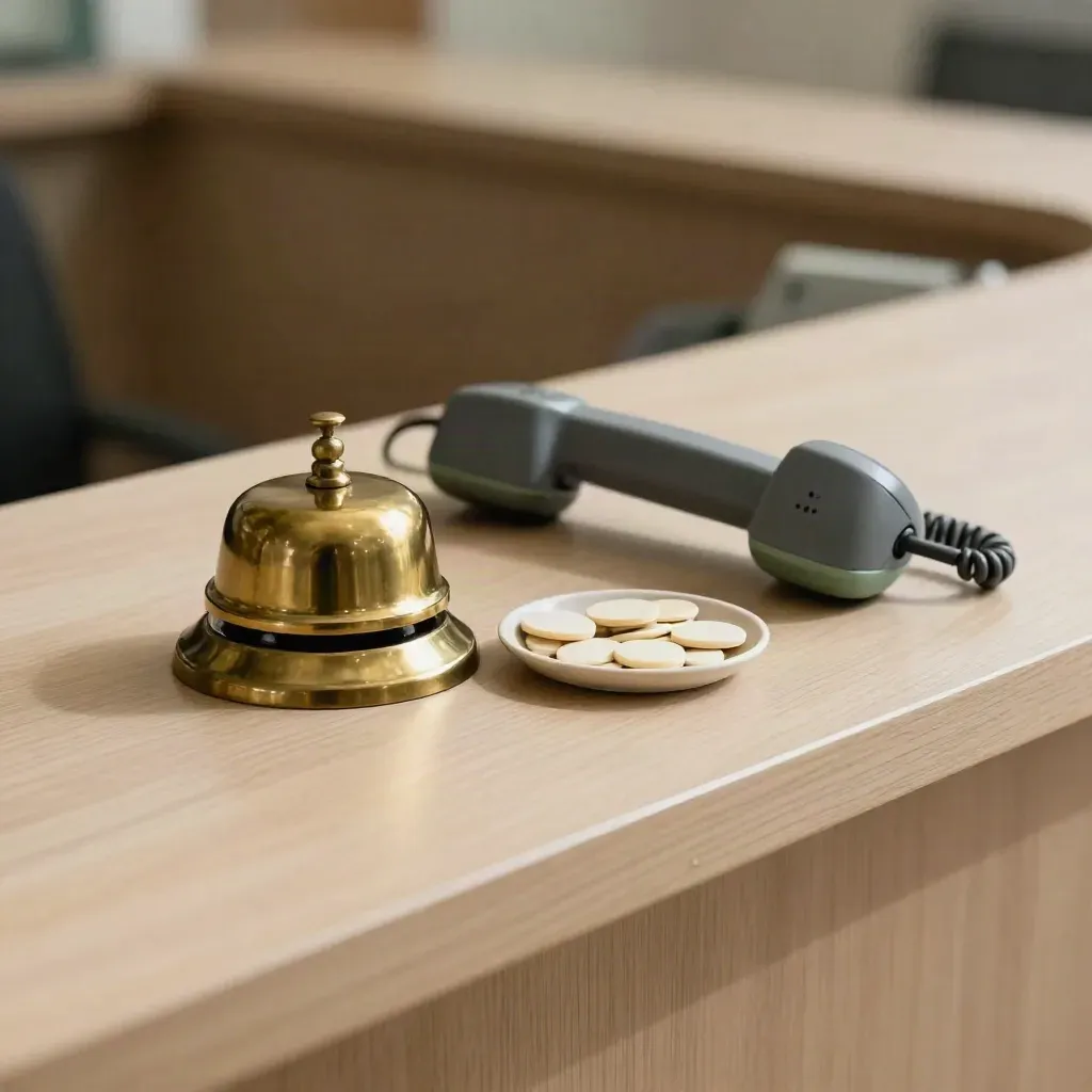 Campanello reception, vassoio token e cordless su legno chiaro, luce drammatica.