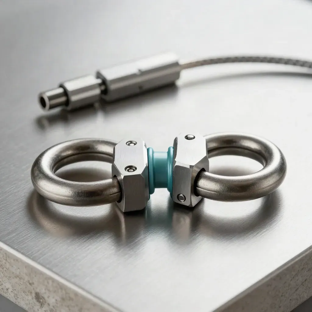 Anelli metallici e blocchi di docking su alluminio spazzolato, luce fredda e dettaglio macro.