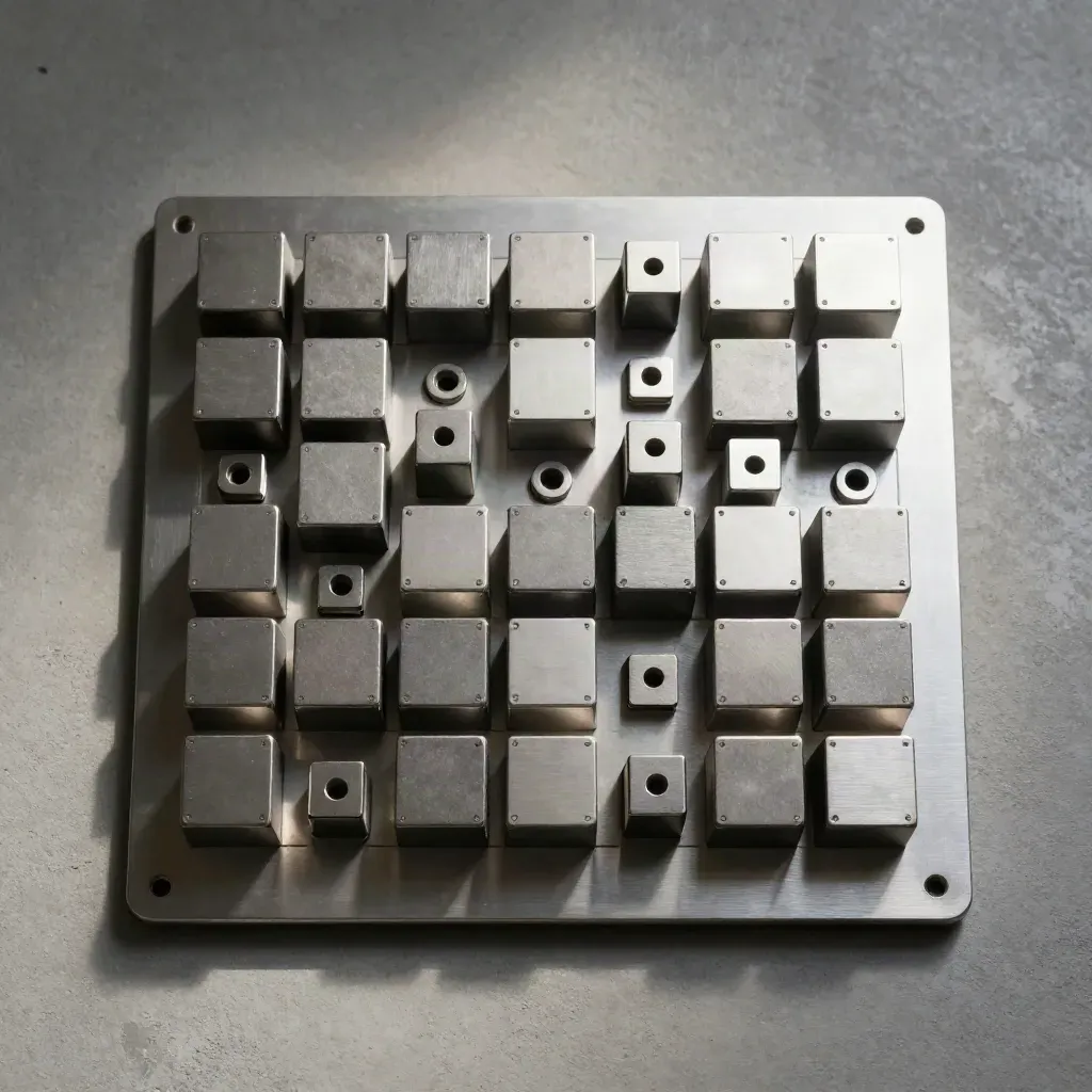 Cubi modulari e distanziatori in titanio su superficie grigia, luce drammatica dall'alto.