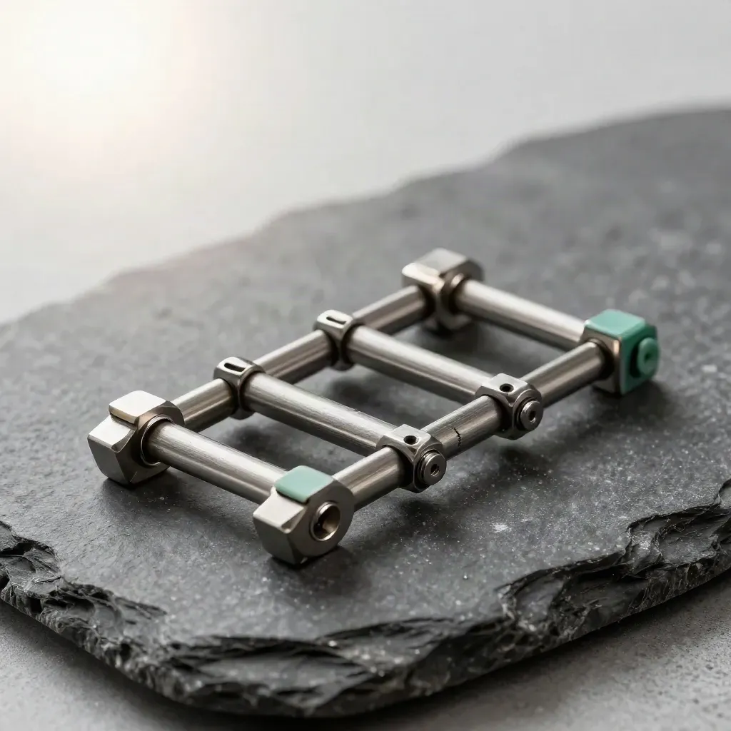 Bracci, connettori esagonali e clip meccaniche su pietra scura con accento verde e luce morbida.