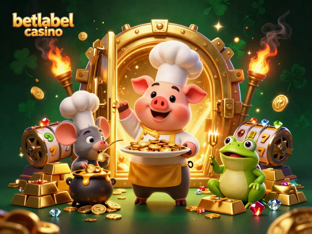 Engage with betlabel casino's vibrant scene featuring golden treasures and cartoon characters in a lively 3D illustration.
